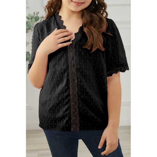 Black Swiss Dot Lace Short Sleeve Girls Top