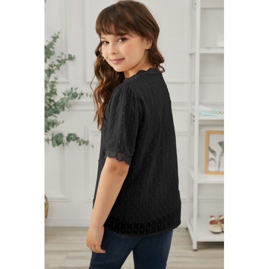 Black Swiss Dot Lace Short Sleeve Girls Top