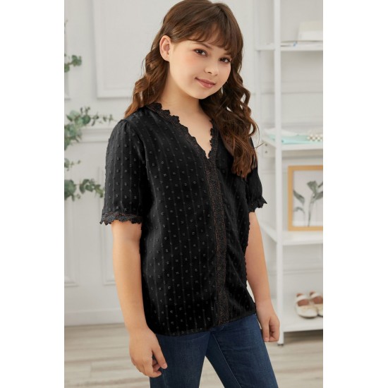 Black Swiss Dot Lace Short Sleeve Girls Top