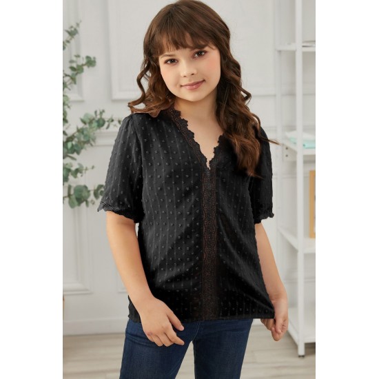 Black Swiss Dot Lace Short Sleeve Girls Top