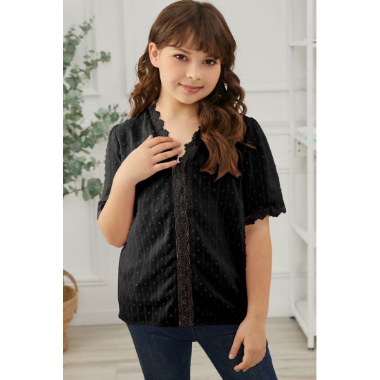 Black Swiss Dot Lace Short Sleeve Girls Top