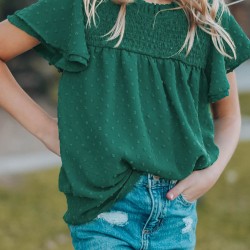 Green Little Girl Swiss Dot Ruffle Sleeves Top