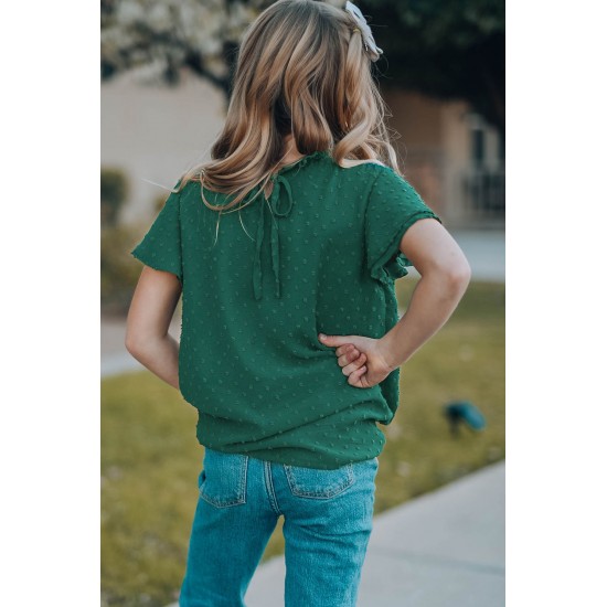 Green Little Girl Swiss Dot Ruffle Sleeves Top