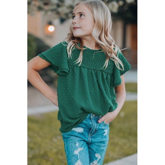 Green Little Girl Swiss Dot Ruffle Sleeves Top