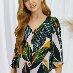 Tropical Leaf V Neck Ruffled Sleeve Buttons Girl's Blouse