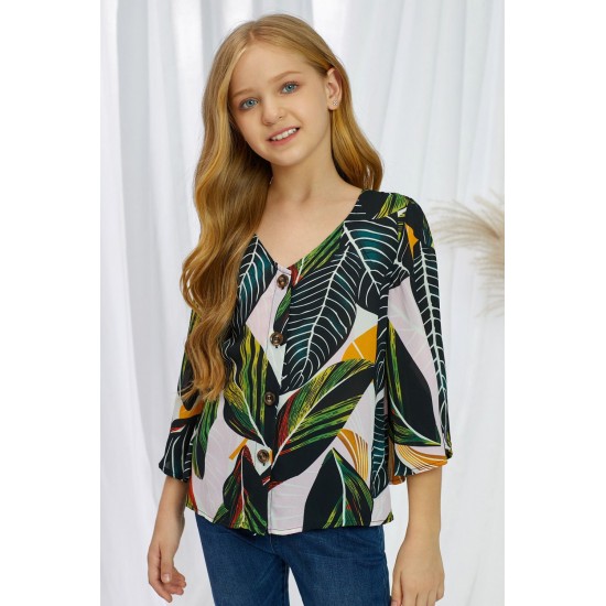 Tropical Leaf V Neck Ruffled Sleeve Buttons Girl's Blouse