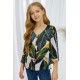 Tropical Leaf V Neck Ruffled Sleeve Buttons Girl's Blouse