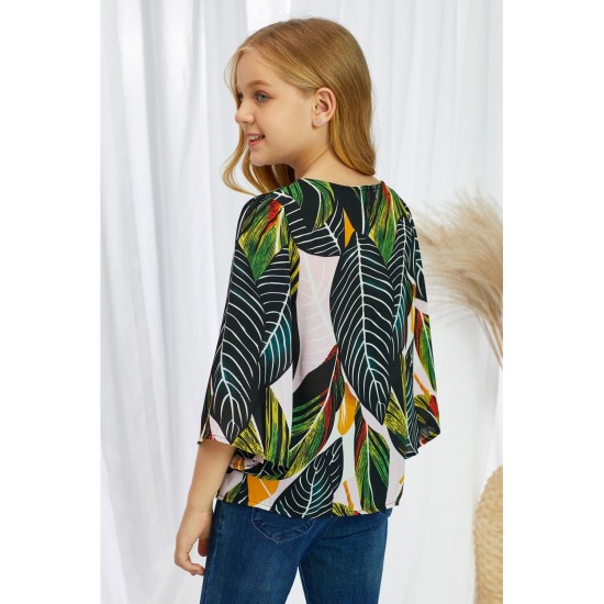 Tropical Leaf V Neck Ruffled Sleeve Buttons Girl's Blouse