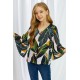 Tropical Leaf V Neck Ruffled Sleeve Buttons Girl's Blouse