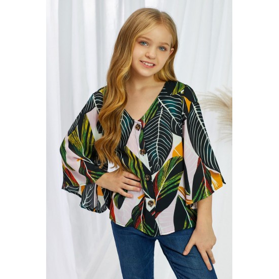 Tropical Leaf V Neck Ruffled Sleeve Buttons Girl's Blouse