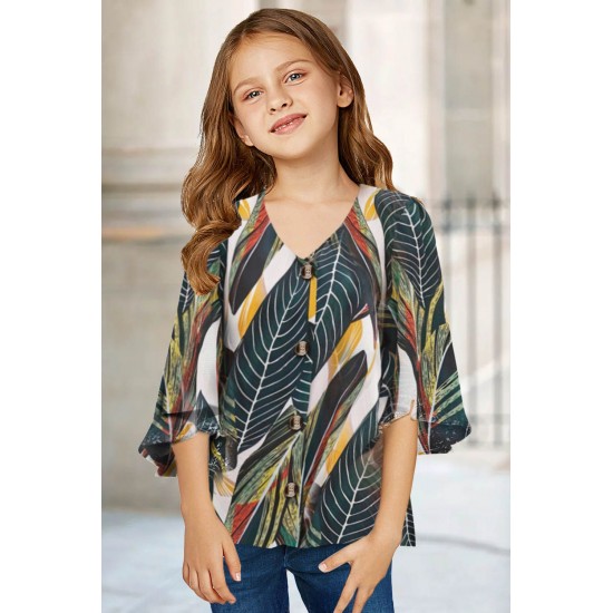 Tropical Leaf V Neck Ruffled Sleeve Buttons Girl's Blouse