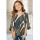 Tropical Leaf V Neck Ruffled Sleeve Buttons Girl's Blouse