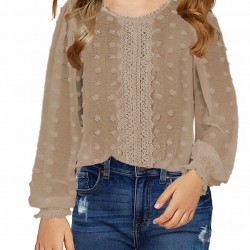 Swiss Dot Lace Splicing Long Sleeve Girl's Blouse