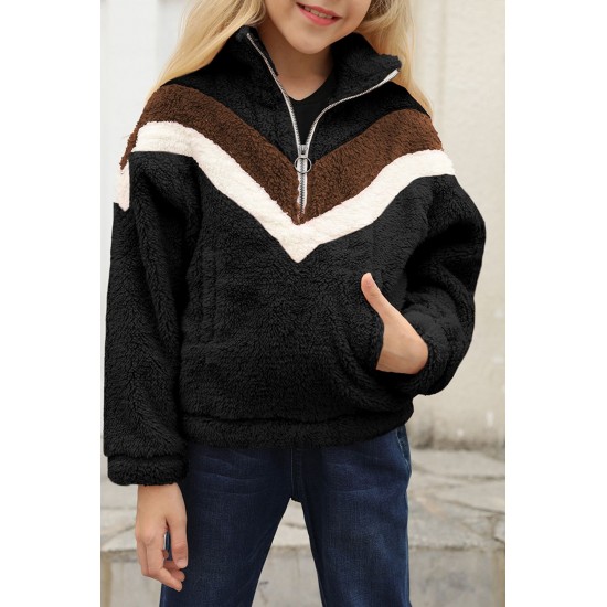 Black Stripe Color Block Half Zip Girl Fleece Sweatshirt with Pocket