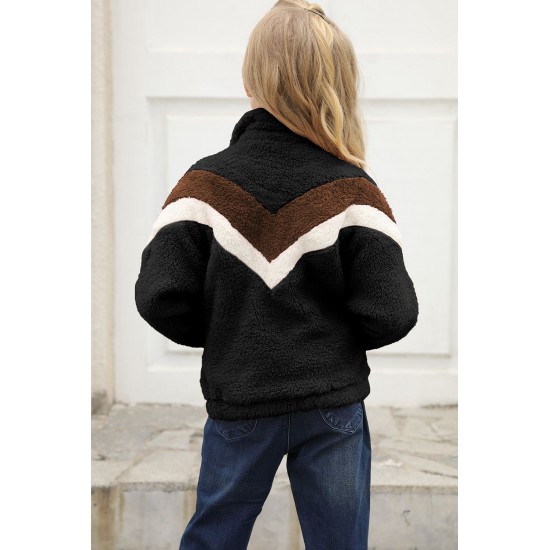 Black Stripe Color Block Half Zip Girl Fleece Sweatshirt with Pocket