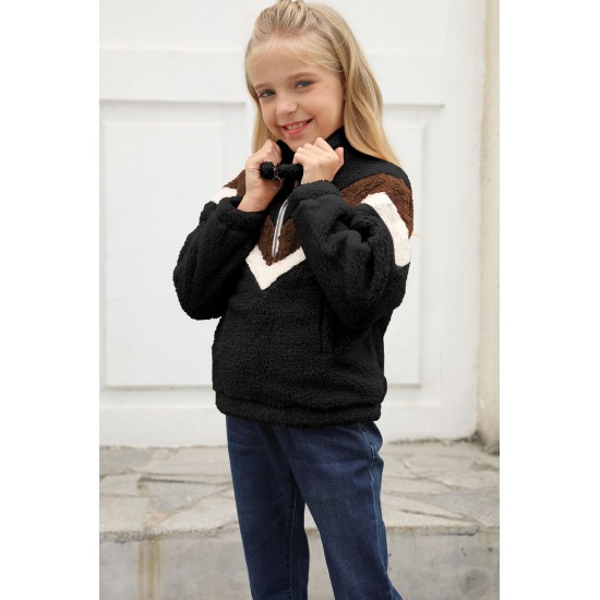 Black Stripe Color Block Half Zip Girl Fleece Sweatshirt with Pocket