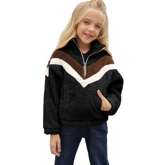 Black Stripe Color Block Half Zip Girl Fleece Sweatshirt with Pocket