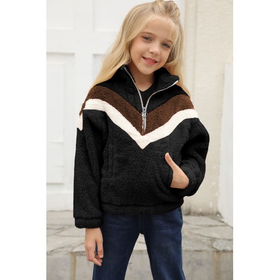 Black Stripe Color Block Half Zip Girl Fleece Sweatshirt with Pocket