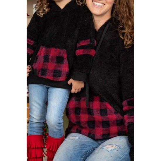 Little Girl Sherpa Plaid Pocket Hoodie