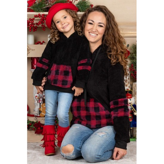 Little Girl Sherpa Plaid Pocket Hoodie