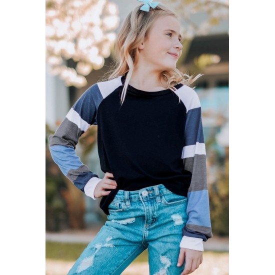 Black Striped Color Block Girl’s Long Sleeve Top