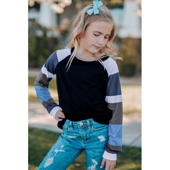 Black Striped Color Block Girl’s Long Sleeve Top