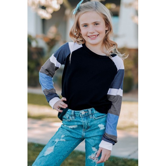 Black Striped Color Block Girl’s Long Sleeve Top