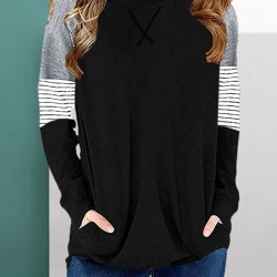 Black Striped Colorblock Long Sleeve Girls Blouse with Pocket