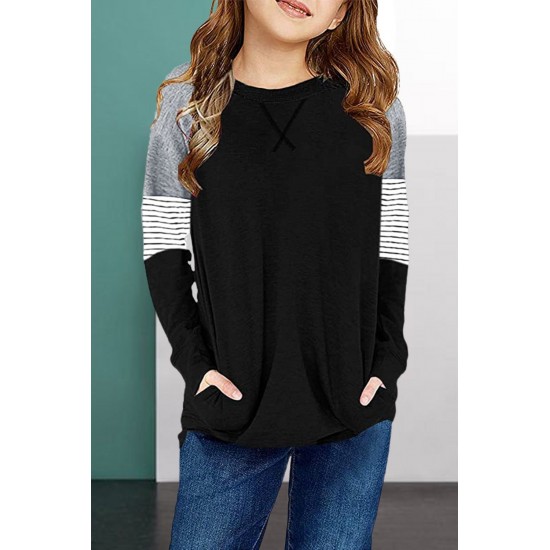 Black Striped Colorblock Long Sleeve Girls Blouse with Pocket