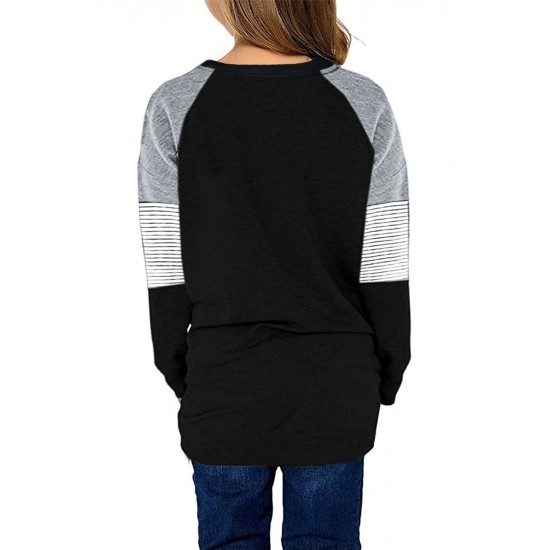 Black Striped Colorblock Long Sleeve Girls Blouse with Pocket