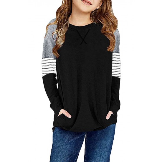 Black Striped Colorblock Long Sleeve Girls Blouse with Pocket