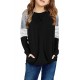 Black Striped Colorblock Long Sleeve Girls Blouse with Pocket