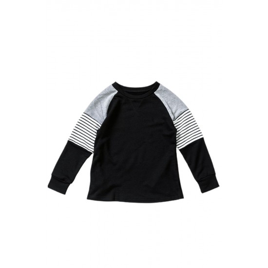 Black Striped Colorblock Long Sleeve Girls Blouse with Pocket