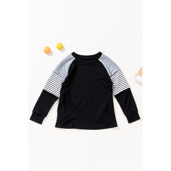 Black Striped Colorblock Long Sleeve Girls Blouse with Pocket