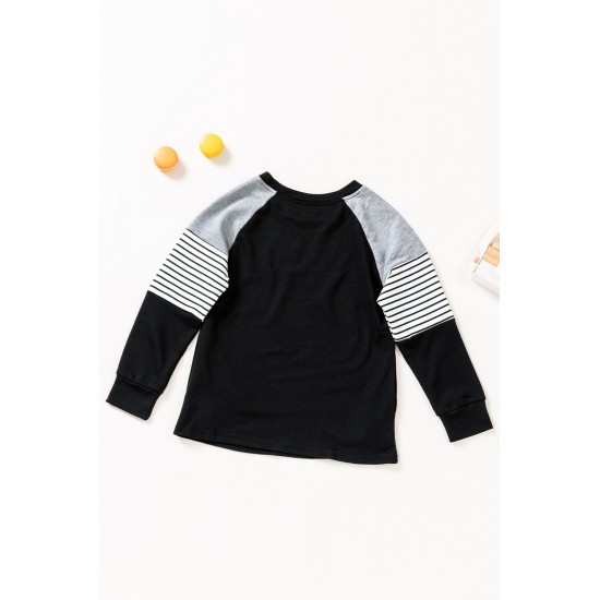 Black Striped Colorblock Long Sleeve Girls Blouse with Pocket