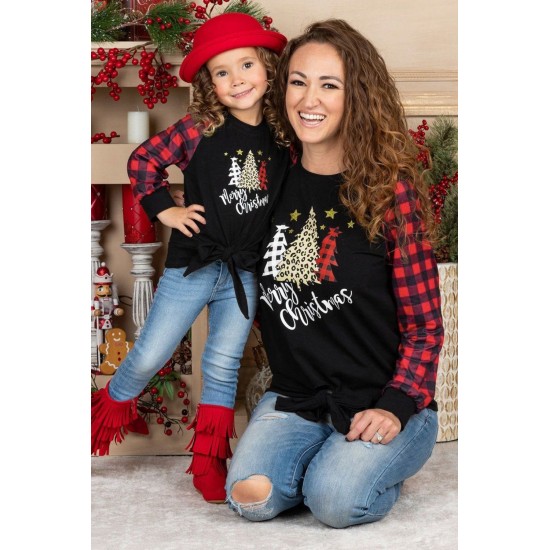 Family Matching Girl's Plaid Christmas Print Tie Knot Long Sleeve Top