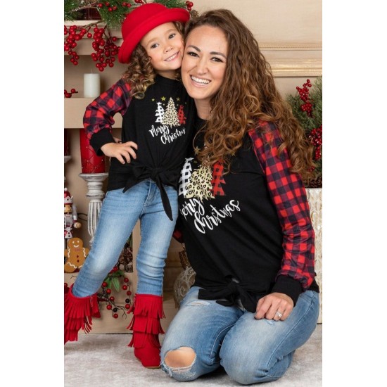 Family Matching Girl's Plaid Christmas Print Tie Knot Long Sleeve Top