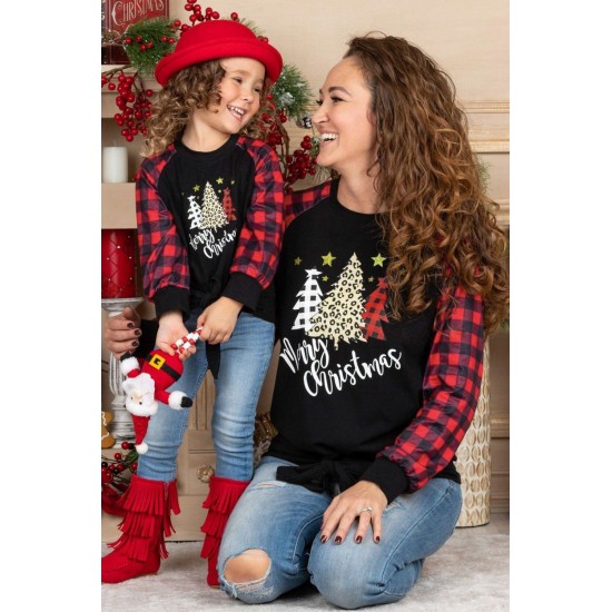 Family Matching Girl's Plaid Christmas Print Tie Knot Long Sleeve Top