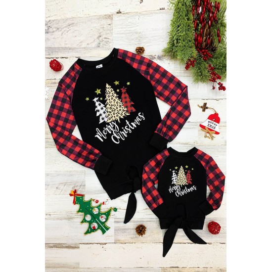 Family Matching Girl's Plaid Christmas Print Tie Knot Long Sleeve Top