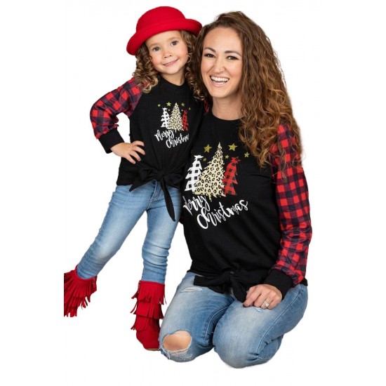 Family Matching Girl's Plaid Christmas Print Tie Knot Long Sleeve Top