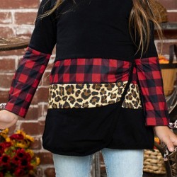 Little Girls Plaid and Leopard Colorblock Long Sleeve Top