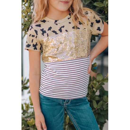 Leopard Striped Sequin Patchwork Girl's Short Sleeve Top