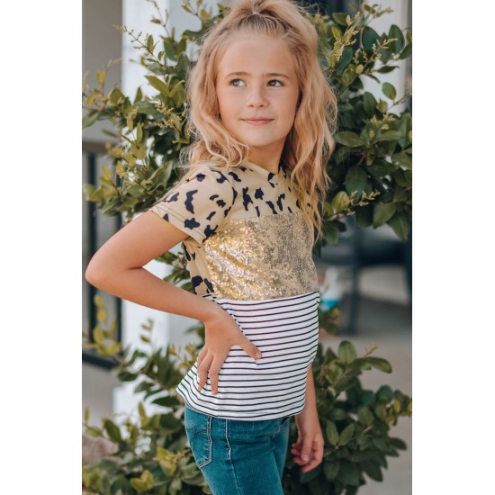 Leopard Striped Sequin Patchwork Girl's Short Sleeve Top