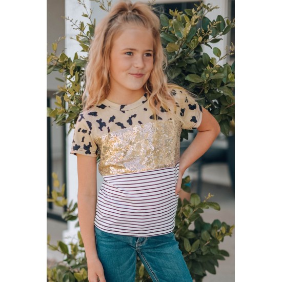 Leopard Striped Sequin Patchwork Girl's Short Sleeve Top