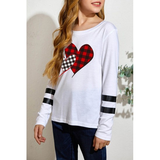 Girl's Plaid Heart Striped Print Long Sleeve Top