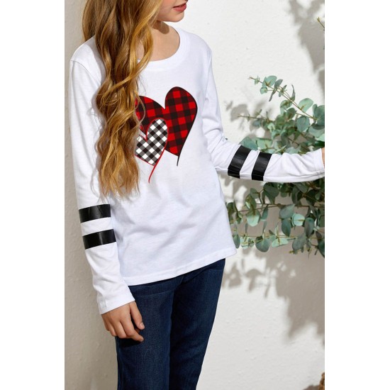 Girl's Plaid Heart Striped Print Long Sleeve Top