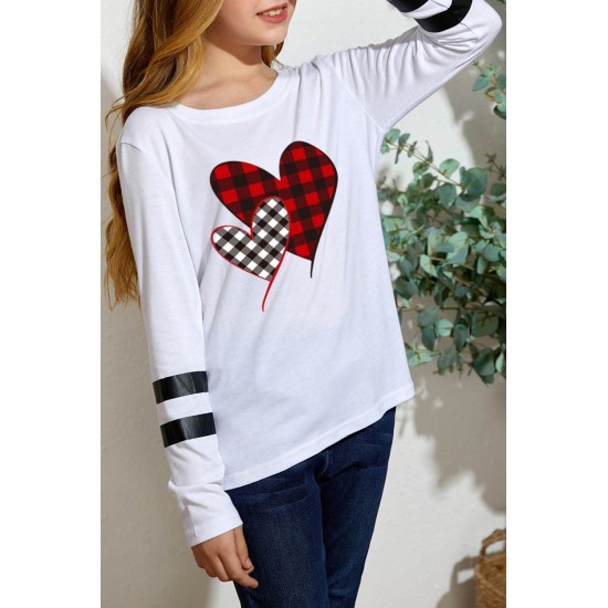 Girl's Plaid Heart Striped Print Long Sleeve Top