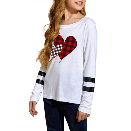 Girl's Plaid Heart Striped Print Long Sleeve Top