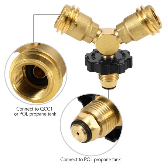 Propane Tank Y-Splitter Adapter Two Way LPG Adapter Tee Connector QCC1 Tank T Adapter Work with BBQ Grills Camping Stoves Heater