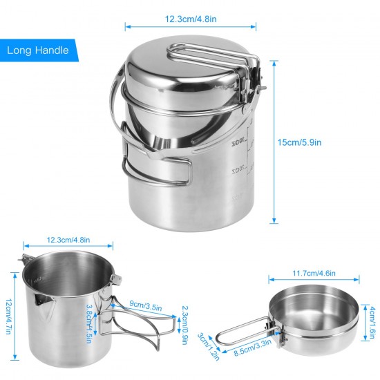 1L Stainless Steel Cooking Kettle Portable Outdoor Camping Backpacking Pot with Foldable Handle